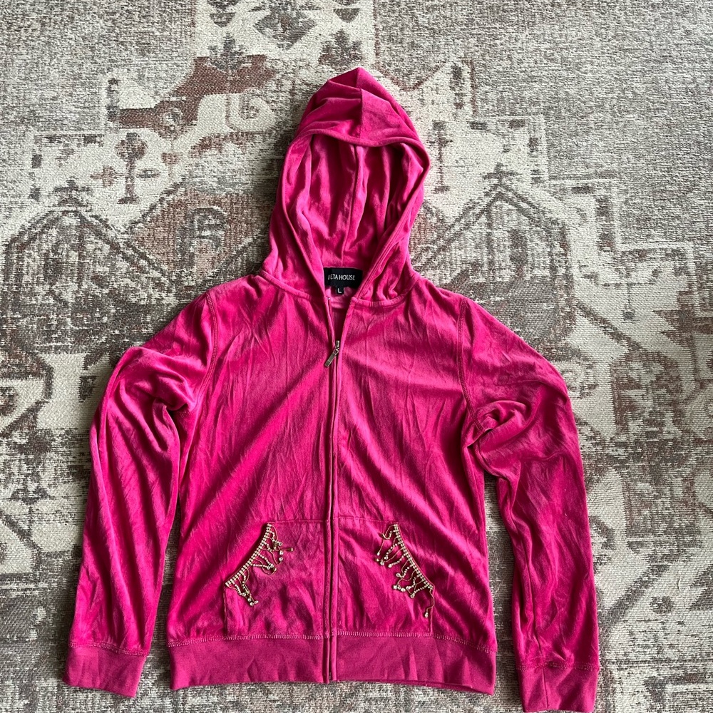 Custom fringe Pink velour Zip-Up Hoodie